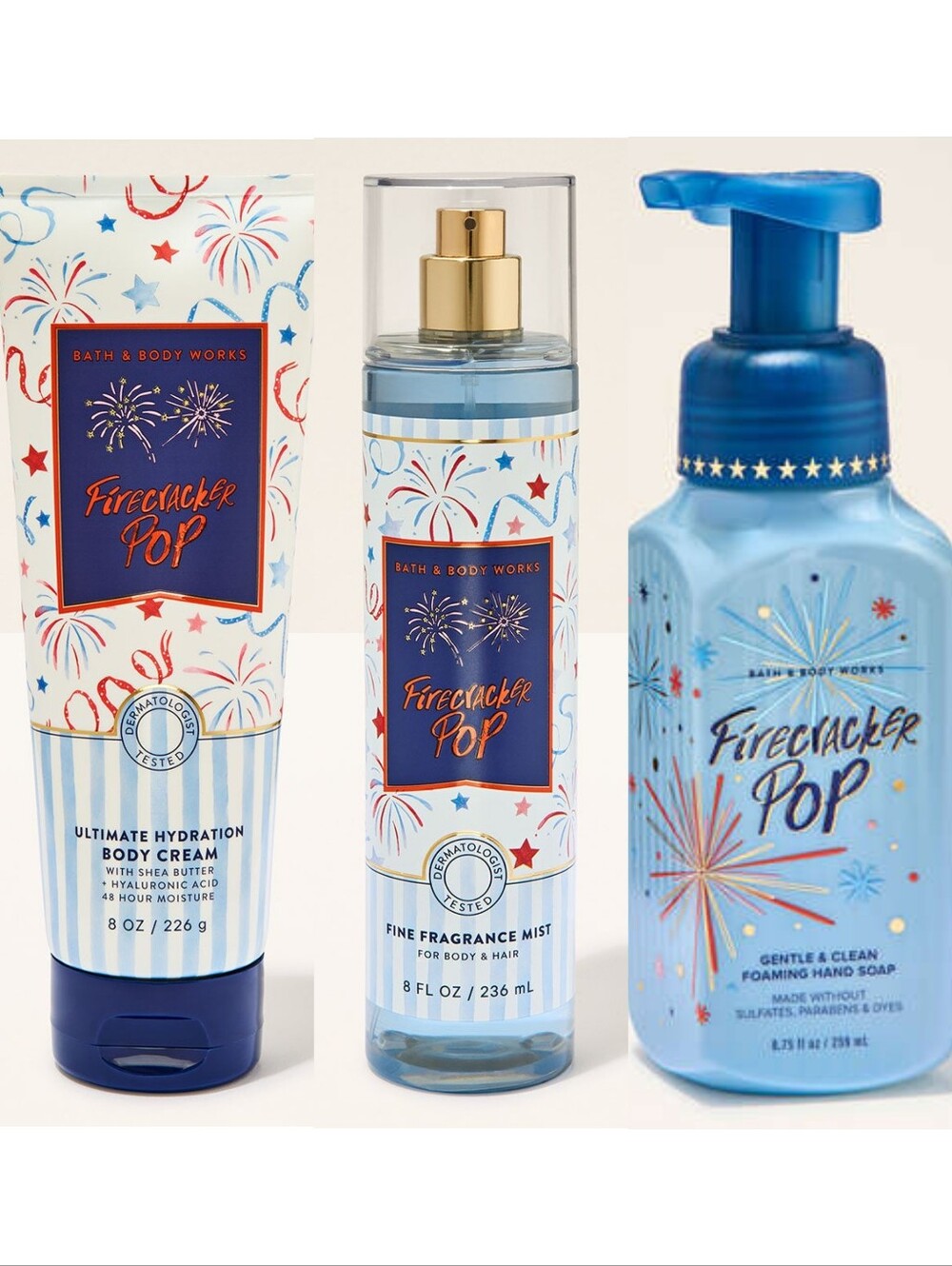 Bath Body Works Firecracker Pop Body Cream, Fragrance Mist & Hand Soap 3pc Set